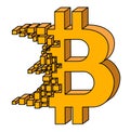 Bitcoin logo in 3d view broken in to small mosaic brick particles