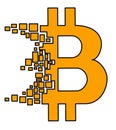 Bitcoin logo in flat design broken in to small mosaic brick particles