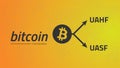 Bitcoin logo and fork arrows. UASF UAHF. Editable eps10 Vector.