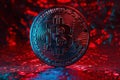 The bitcoin logo on the illuminated background with red and blue gradient colors, dark background Royalty Free Stock Photo