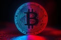 The bitcoin logo on the illuminated background with red and blue gradient colors, dark background Royalty Free Stock Photo