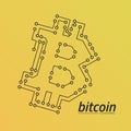 Bitcoin logo like a circuit board. Yellow gradient background.