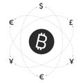 Bitcoin logo and signs of other currencies with exchange lines.