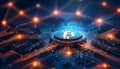 A Bitcoin logo sits on a circuit board, illuminated by a colourful glow, symbolizing cryptocurrency and technology. Generative AI Royalty Free Stock Photo