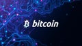 Bitcoin logo and text on a blue circuit board background with pink and blue lights and a dark backdrop Royalty Free Stock Photo