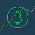 Bitcoin logotype cryptocurrency with growth market chart.