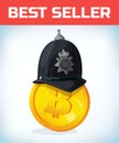 Bitcoin in London policeman helmet. Bitcoin. Digital currency. Crypto currency. Money and finance symbol. Miner bit coin