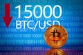 Bitcoin. Market bitcoin price - fifteen thousand 15000 US dollars Royalty Free Stock Photo