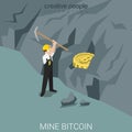 Bitcoin miner mine process mountain coin flat isometric vector