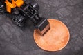 Bitcoin and miniature excavator, symbol of electronic virtual money and mining cryptocurrency Royalty Free Stock Photo