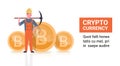 Bitcoin Mining Concept Man Holding Pickaxe Golden Bit Coins Modern Crypto Currency Networking