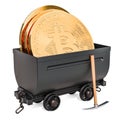 Bitcoin mining concept. Mine cart with bit coins and pickaxe, 3D rendering