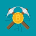 Bitcoin mining concept with pickaxe and coin flat vector Royalty Free Stock Photo