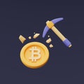 Bitcoin mining concept with Pickaxe and Golden bitcoin .3d rendering Royalty Free Stock Photo