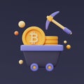 Bitcoin mining concept with Pickaxe and Golden bitcoin .3d rendering Royalty Free Stock Photo