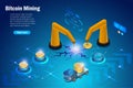 Bitcoin mining, crypto mining rendering system with miners and engineering team, excavator machine processing in virtual GPU Royalty Free Stock Photo