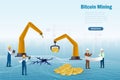 Bitcoin mining, crypto mining rendering system with miners and engineering team, excavator machine processing in virtual GPU Royalty Free Stock Photo
