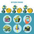 Bitcoin mining. Cute robot produces bitcoins. Vector illustration.