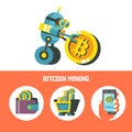 Bitcoin mining. Cute robot produces bitcoins. Vector illustration.