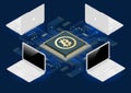 Bitcoin mining equipment. Digital Bitcoin. Golden coin with Bitcoin symbol in electronic environment. Flat 3d isometry