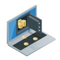 Bitcoin mining equipment. Digital Bitcoin. Golden coin with Bitcoin symbol in electronic environment. Flat 3d isometry