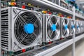 Bitcoin mining farm hardware with cooling fans Royalty Free Stock Photo