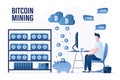 Bitcoin mining farm. Videocards earn crypto currency. Trader or miner at workplace. Mining Cryptocurrency