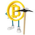 Bitcoin mining. Character with pickaxe. 3D rendering