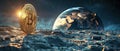 Bitcoin mining on moon Earth in soft glow Royalty Free Stock Photo