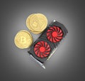 Bitcoin mining Powerful video card to mine and earn cryptocurrencies concept isolated on black gradient background 3D render Royalty Free Stock Photo