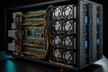 bitcoin mining rig, with rows of powerful gpus solving complex mathematical problems