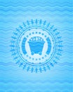 Bitcoin mining trolley icon inside water wavec oncept emblem Royalty Free Stock Photo