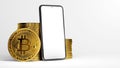 A Bitcoin and mobile phone mockup next to stacks of Bitcoins isolated on a white background and copy space. 3D rendering of