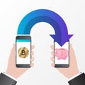 Bitcoin mobile wallet. Cryptocurrency transaction concept. Vector