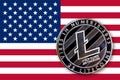 3D illustration coin litecoin on the flag of USA