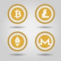 Bitcoin, monero, gram, litecoin logo set. Web icon. Digital cryptocurrency emblem. Vector illustration.