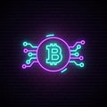 Bitcoin neon sign. Night bright advertisement.