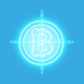 Bitcoin with neon target on the blue background with light.