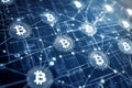 Bitcoin and network connection on blue background. Cryptocurrency and finance concept. Royalty Free Stock Photo