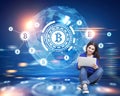 Bitcoin network, HUD, world map, blurred, woman