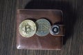 Bitcoin and No coin in a wallet on a wooden background