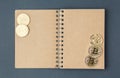 Bitcoin on a notebook, coin bitcoin on a table Royalty Free Stock Photo