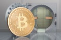 Bitcoin with opened bank vault, 3D rendering