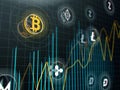 Bitcoin and other virtual money. Cryptocurrency stock market graph on virtual screen Royalty Free Stock Photo