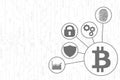 Bitcoin, padlock, fingerprint, diagram, shield on white circuit board background. Cryptocurrency, blockchain trade, market concept