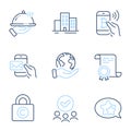 Bitcoin pay, Copyright locker and Star icons set. Restaurant food, Messenger mail and Buildings signs. Vector