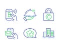 Bitcoin pay, Copyright locker and Star icons set. Restaurant food, Messenger mail and Buildings signs. Vector