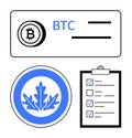 Bitcoin payment interface, blue leaf coin logo, and checklist on clipboard for systematic planning Royalty Free Stock Photo