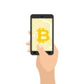 Bitcoin in phone. Crypto currency and device. Virtual money. Vector Illustrator