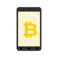 Bitcoin in phone. Crypto currency and device. Virtual money. Vector Illustrator
